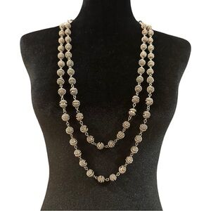 Chicos Long Western Disk Ball Necklace Double Strand Opera Length Silver Tone